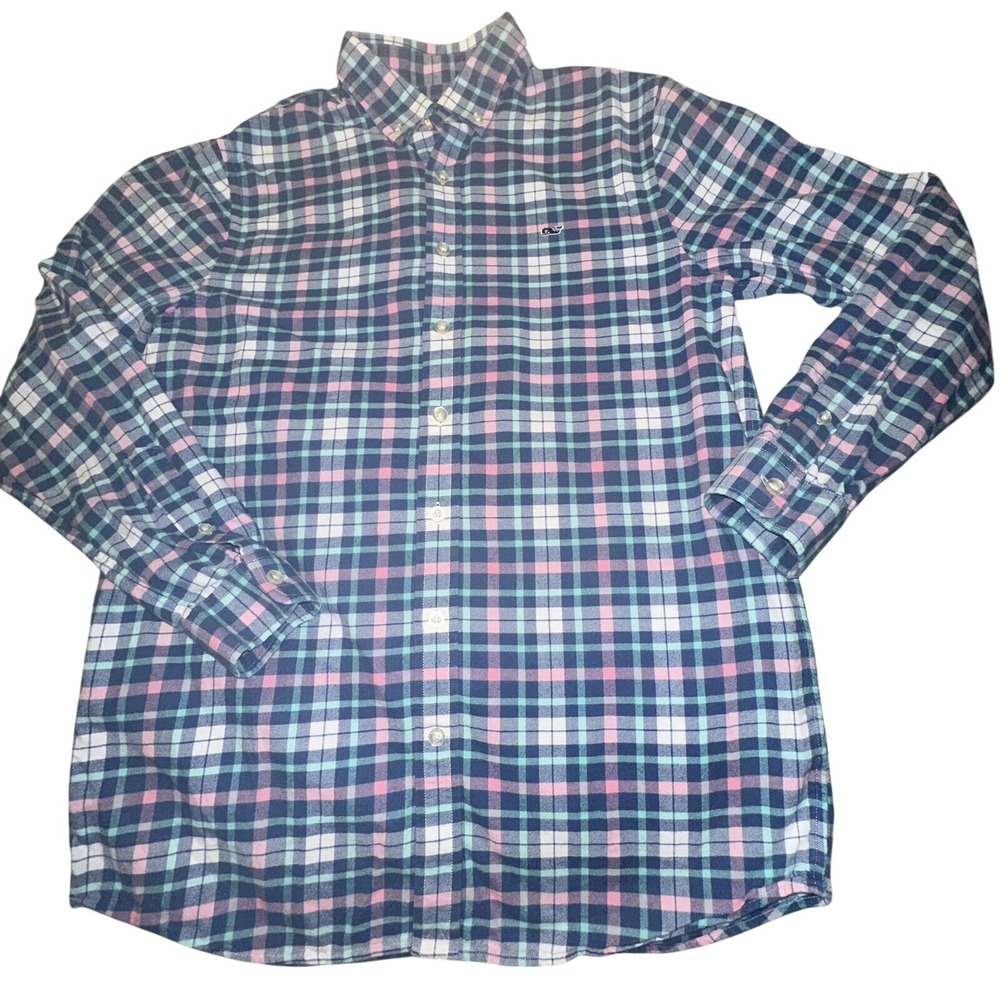 Vineyard Vines Boys XL 18 Whale Shirt Plaid Button Down Navy Pink 3W0417